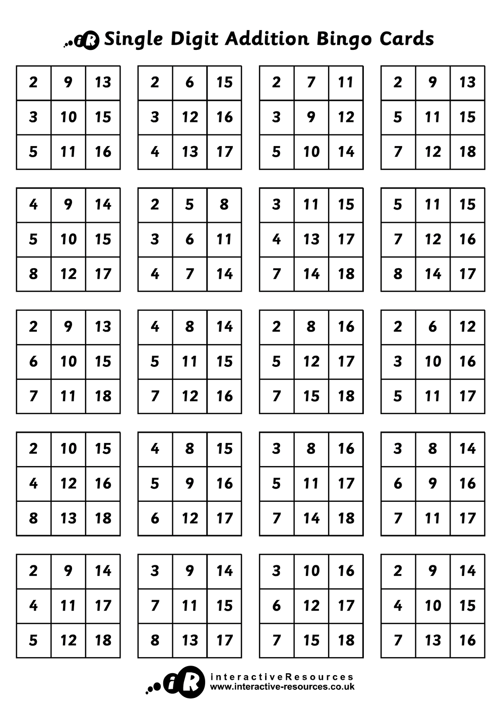 Single Digit Addition Bingo