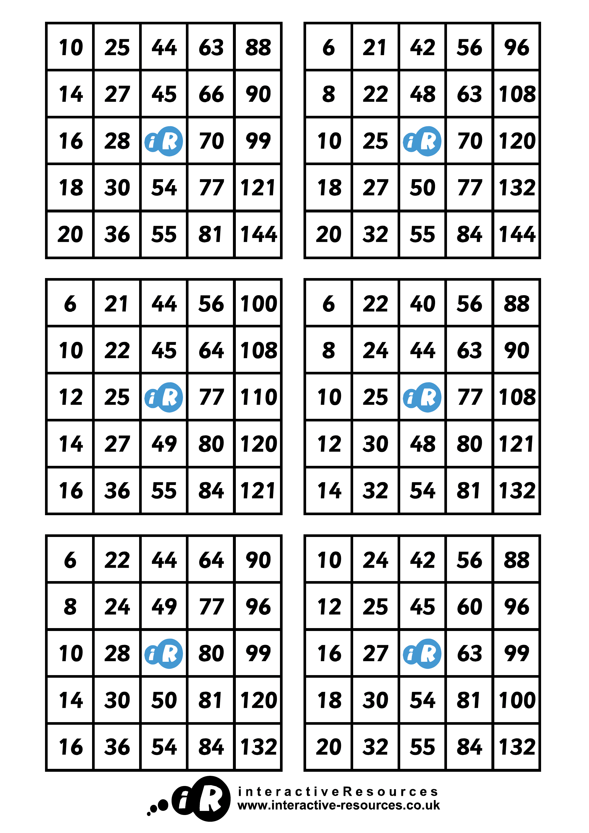 Times Tables Bingo Cards